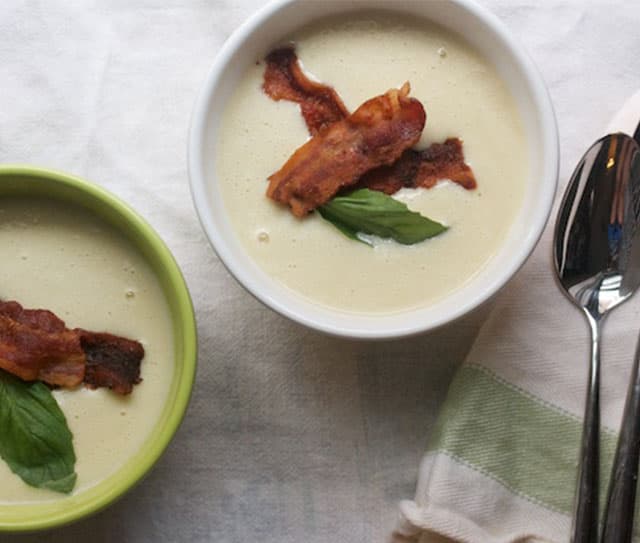 Bowl of dairy-free creamy corn chowder with bacon