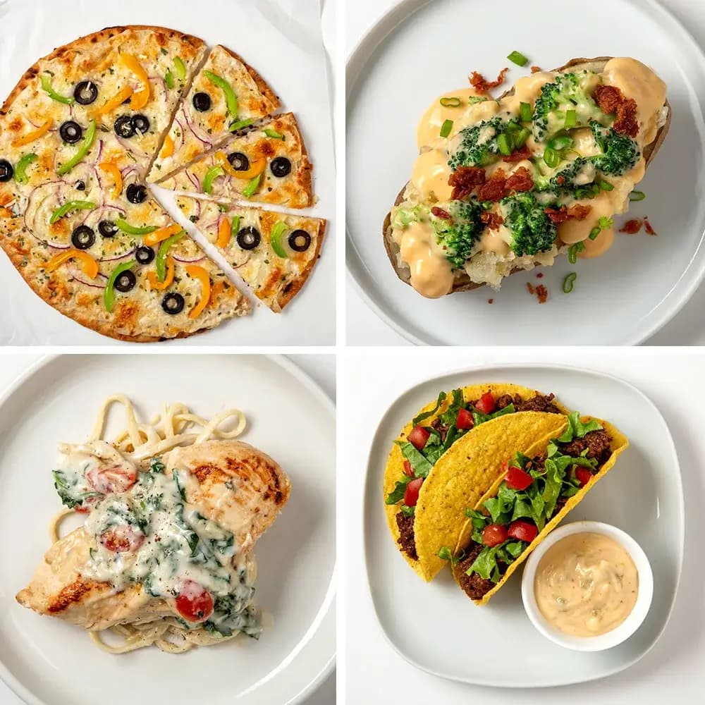 Creamy Alfredo Four Ways: Alfredo Pizza, Loaded Baked Potato, Spinach and Tomato Alfredo Chicken, and Tacos